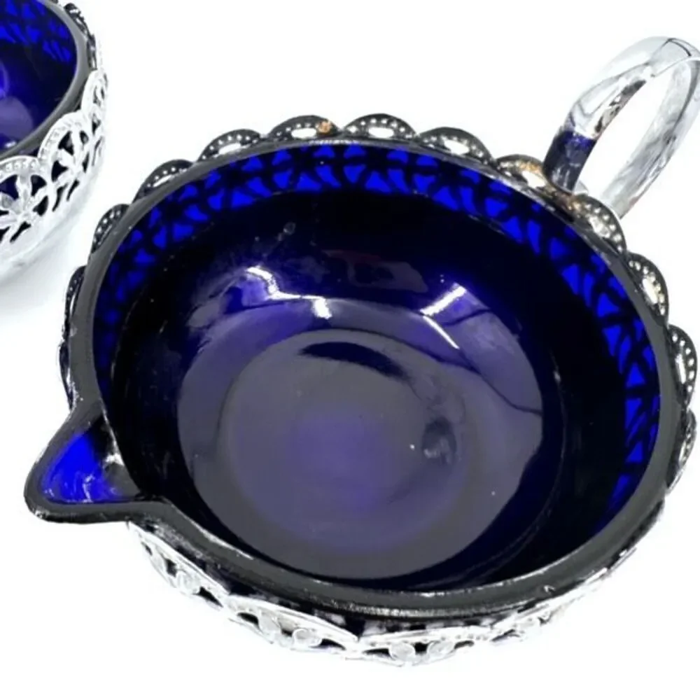 Vintage Silverplate Handle Glass Open Sugar and Creamer‎ Set Cobalt Blue Large